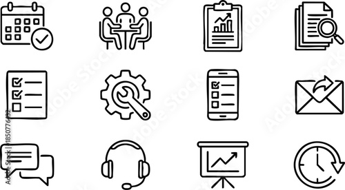 Modern vector line icon set for essential business operations, office management, project planning, communication, and digital productivity tools