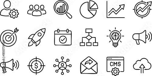 Digital business and marketing line icons, covering essential concepts like strategy, analytics, management, growth, and technology for modern professional projects