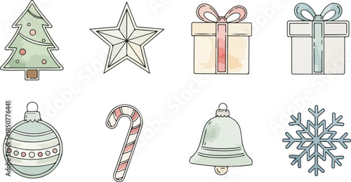 Festive Icon Set: A collection of charming, hand-drawn Christmas symbols, each with a unique watercolor aesthetic, embodies the spirit of the holiday season, perfect for festive designs.