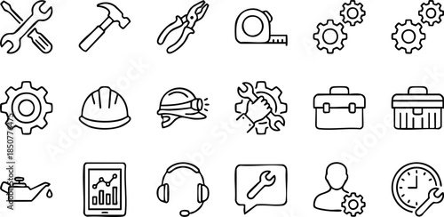 Set of icons representing tools and equipment for repair, construction, and maintenance services, including gears, wrenches, and safety helmets