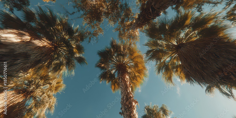 Obraz premium Upward Gaze to Tall Palm Trees against a Clear Blue Sky with Natural Sunlight, Tropical Scene and Vacation Concept, Summer Vibe