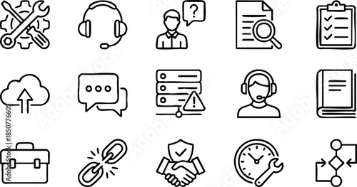 Comprehensive collection of essential line icons for business, technology, and customer support services, perfect for illustrating concepts like system 