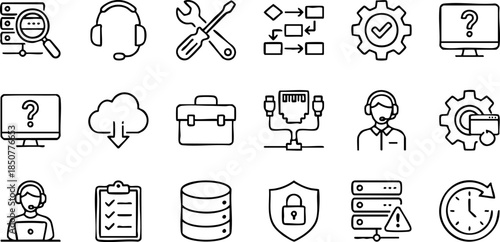 Set of flat design icons representing various elements of IT support, data management, and customer service operations