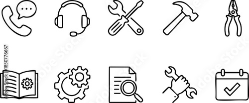 Vector icon concept illustrating customer support, technical assistance, and maintenance services. Features tools, settings, helpdesk, and operational graphics for business applications