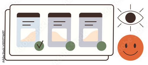 Three aligned cards with data graphs, one marked with a check, accompanied by an eye and a smiling face. Ideal for choice, feedback, decision-making, success, evaluation positivity teamwork. Simple