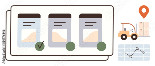 Product containers, location pin, forklift carrying boxes, and line graph. Ideal for supply chain, inventory, warehouse, logistics delivery analytics productivity. Simple flat metaphor