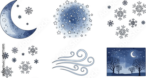 Winter's Watercolor Whispers: A collection of watercolor illustrations evokes the serene beauty of winter, capturing snowflakes, crescent moon, twinkling stars.