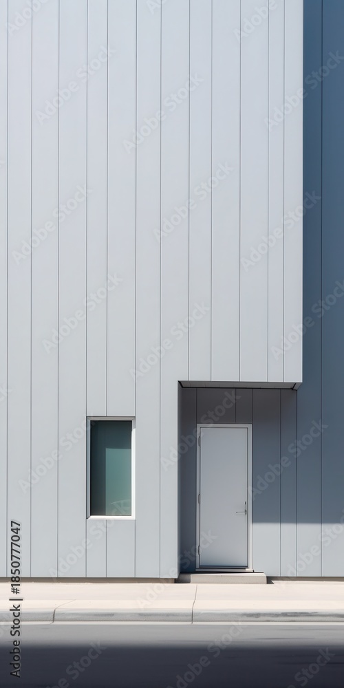 Fototapeta premium Minimalist exterior of a modern building featuring a single door and a small window against a light gray facade.