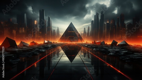 Futuristic cityscape featuring a glowing pyramid amid a landscape of dark rocks and neon lights.