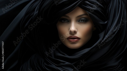 A striking portrait of a young Middle-Eastern woman draped in black fabric, exuding elegance and mystery with captivating eyes.