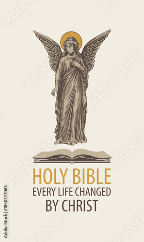Vector illustration of an angel and open book, and the inscription Holy Bible. Guardian angel or themes of death and religion. Funeral services. Memorial, monument, tattoo, T-shirt design. No ai