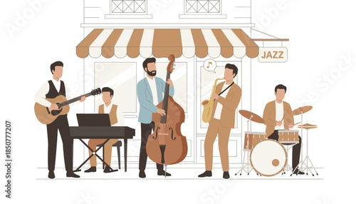 Jazz band performing live music outside a cafe with a warm atmosphere  