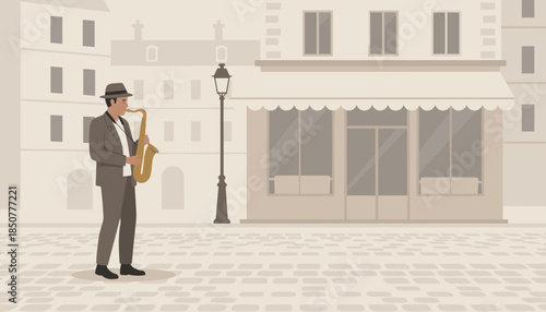 Jazz musician playing saxophone on city street in vintage style  