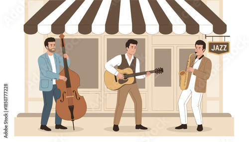 Three musicians performing jazz outside music shop with striped awning  