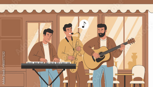 Three musicians playing instruments in a cafe setting