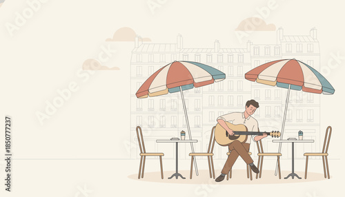 Man playing guitar at outdoor cafe under colorful umbrellas  