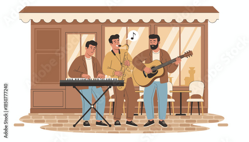 Three musicians performing outside a cafe with instruments and singing  