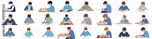 Vector set of young boys studying, writing, or taking tests at desks. Diverse student illustrations for education and learning concepts on white.