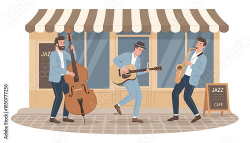 Jazz band playing live music outside a cafe on the street  