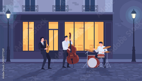 Musicians playing jazz on street at night near restaurant window  