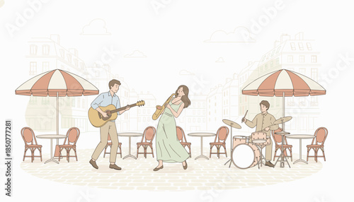 Two musicians performing live with a singer at outdoor café  