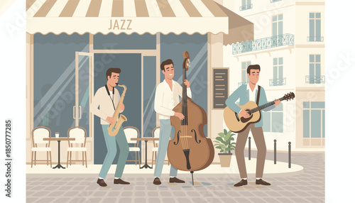 Jazz band performing outside cafe with musical instruments in sunlight  