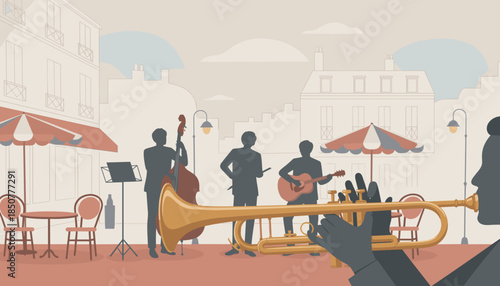 Jazz band performing in outdoor cafe with trumpet and guitar  