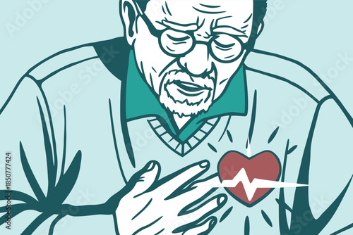 Vector illustration of an elderly man clutching his chest in pain, indicating a heart attack or severe cardiac discomfort, with an EKG heart symbol