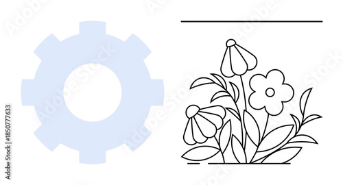 Technology design, eco living, nature integration, sustainability, abstract balance, mechanical systems. Gear shape and floral illustration in simple layout. Technology design and eco living concept