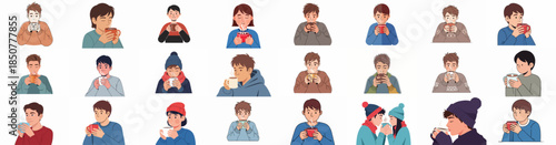 Diverse set of young people in cozy sweaters and winter gear enjoying hot coffee or cocoa, symbolizing warmth and comfort.