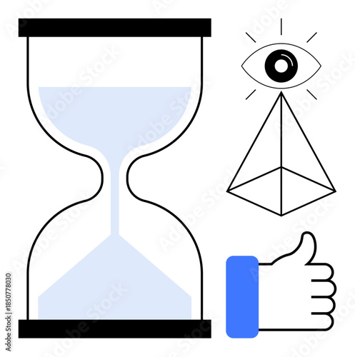 Time management concept. Abstract hourglass and geometric shapes illustrate time control. Time management for productivity, decision-making, efficiency, prioritization, corporate strategy