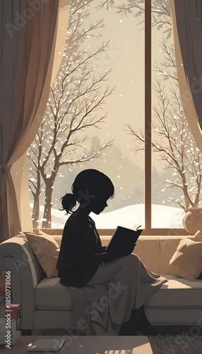 silhouette of girl reading book on sofa by window with snowy view