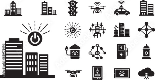 Smart city technology and connected infrastructure icons