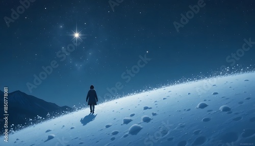 person standing on snowy hill looking at bright star in night sky digital art