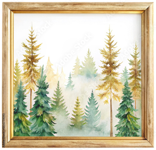 Delicate watercolor painting of a lush coniferous forest featuring varying shades of green and golden yellow pine trees, rendered in a soft, atmospheric style, isolated on transparent background.