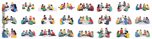Diverse groups of young people and friends sitting on the floor enjoying card and board games, vector illustration set depicting leisure and fun.