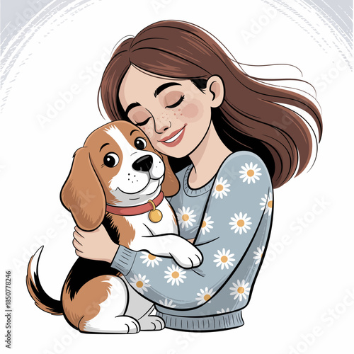 This delightful illustration captures a young girl warmly embracing her adorable beagle puppy, showcasing the bond between animals and humans in a loving moment.