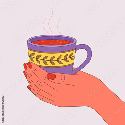 A comforting image of a hand holding a warm tea cup with steam rising, symbolizing relaxation, warmth, and tranquility in a cozy setting.