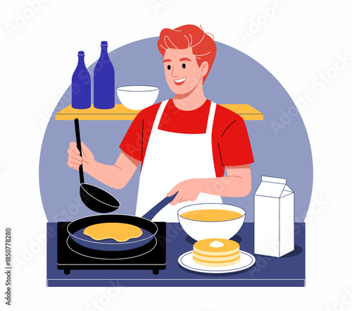 This cheerful illustration features a cook happily preparing breakfast, portraying a vibrant kitchen atmosphere filled with joy and creativity in the art of cooking delicious meals.
