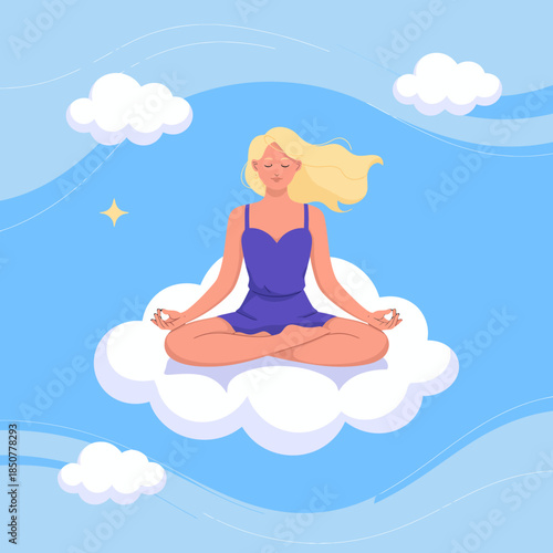 A serene woman in a purple dress meditates peacefully while sitting cross-legged on a fluffy cloud, embodying tranquility and mindfulness in a beautiful sky setting.