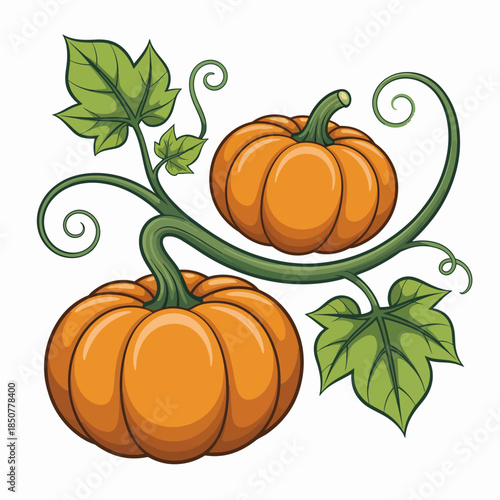 A beautifully illustrated pair of pumpkins entwined with green vines, perfectly capturing the essence of fall harvest with an emphasis on vibrant colors and natural beauty.