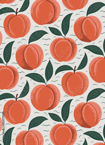 This charming pattern features vibrant peaches with leaves, evoking freshness and a sense of nature, ideal for textile designs, wallpapers, and other creative projects.