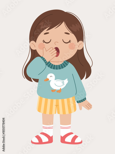 A charming young girl wearing pajamas yawns sleepily, capturing the essence of innocence and comfort in a cozy setting, reminiscent of childhood.