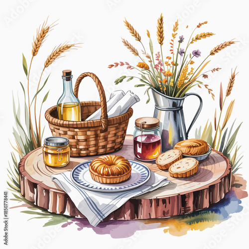 An inviting rustic picnic scene featuring delicious bread, honey, and a beautiful floral arrangement, encapsulating the essence of wholesome gatherings in nature.