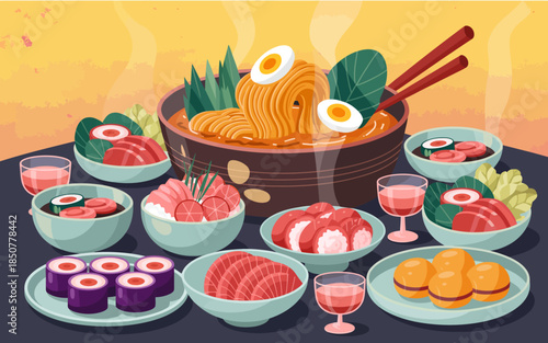 A mouth-watering spread of traditional Asian cuisine featuring noodles, sushi, and decorative garnishes, portraying the rich flavors and vibrant presentation of food culture.