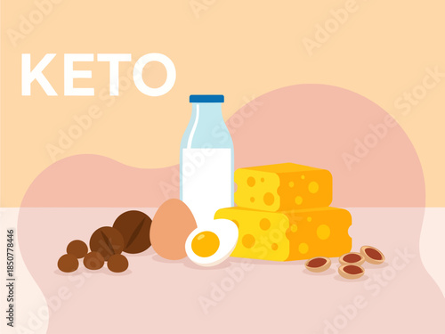 This pastel vector art celebrates the keto lifestyle with a display of swiss cheese, fresh eggs, milk, and nuts artfully arranged beneath bold white lettering