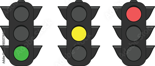 Traffic lights illustrations for any purpose. Isolated object. Green, yellow and red light stoplights.Traffic Light Icon Flat Design on White Background.Set of traffic lights in realistic style.