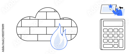 Cybersecurity, cloud protection, authentication, financial management, data privacy, and online assessments. Cloud firewall icon, person verifying credentials and calculator. Cybersecurity and cloud