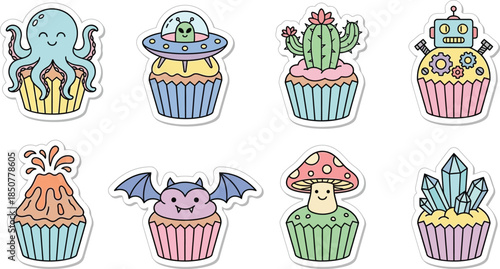 Colorful cupcakes with creative cartoon designs on top  sweet treats and fantasy elements