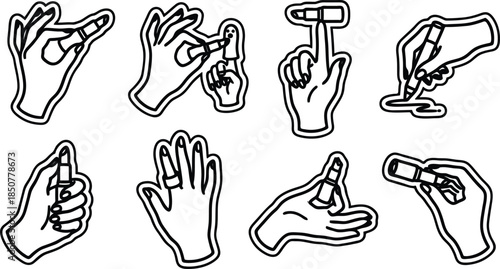 hands holding lipstick and applying makeup in various poses and angles  isolated on white background